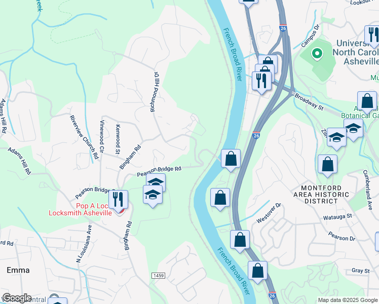 map of restaurants, bars, coffee shops, grocery stores, and more near 12 Conscious Way in Asheville