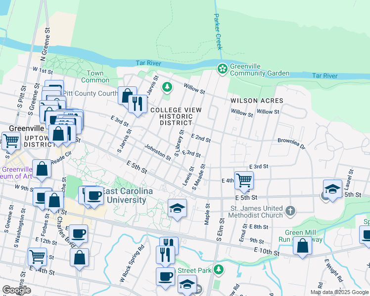map of restaurants, bars, coffee shops, grocery stores, and more near 212 South Eastern Street in Greenville