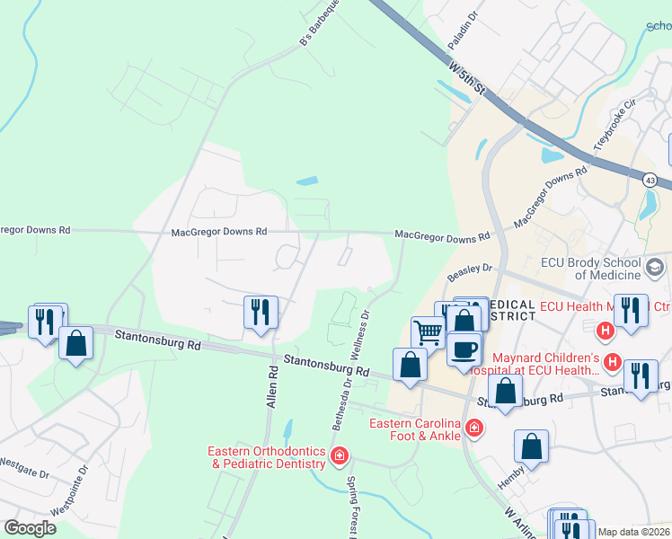 map of restaurants, bars, coffee shops, grocery stores, and more near 2647 Macgregor Downs Road in Greenville