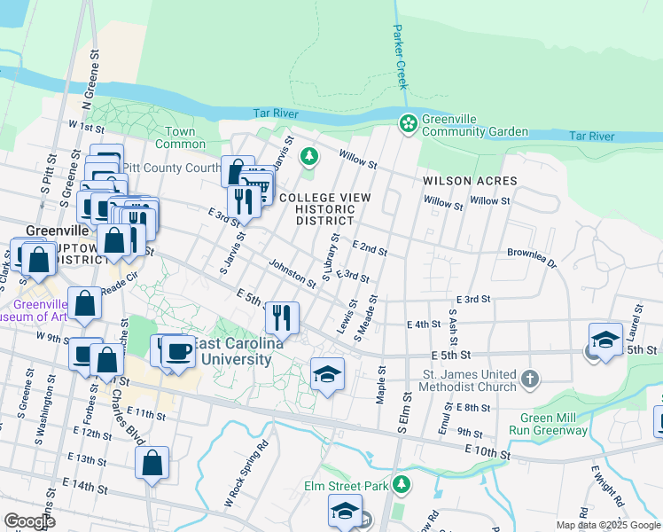 map of restaurants, bars, coffee shops, grocery stores, and more near 215 South Library Street in Greenville