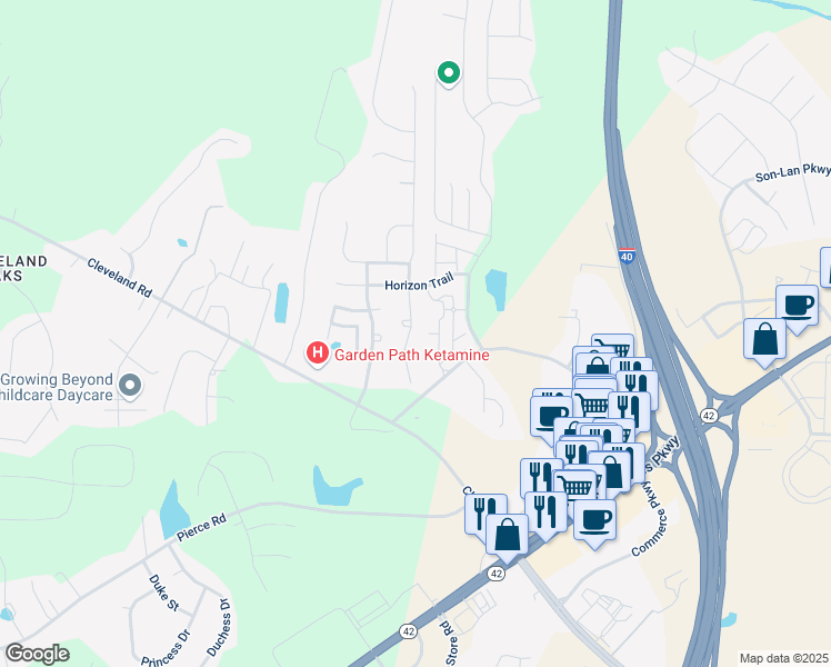 map of restaurants, bars, coffee shops, grocery stores, and more near 111 Callahan Trail in Garner