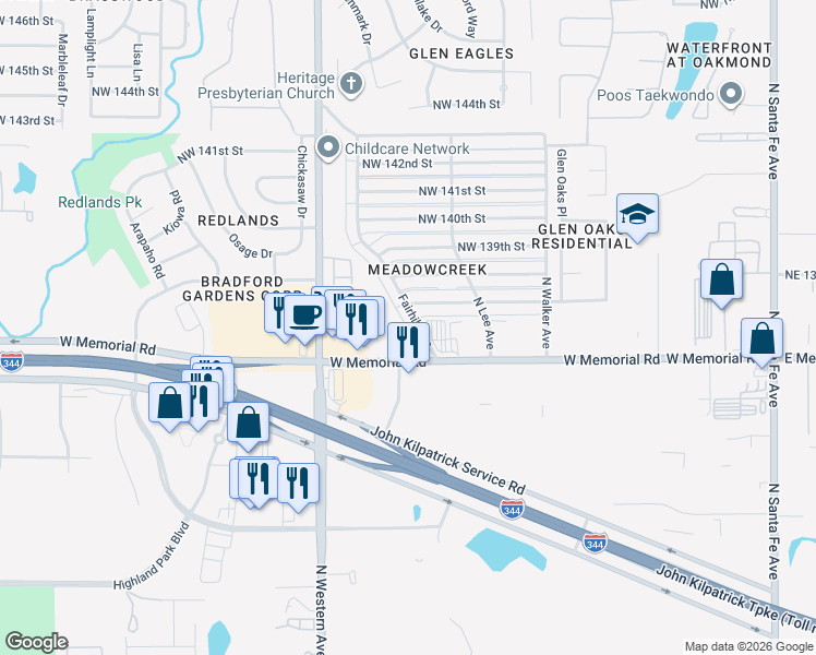 map of restaurants, bars, coffee shops, grocery stores, and more near 13723 Fairhill Avenue in Edmond