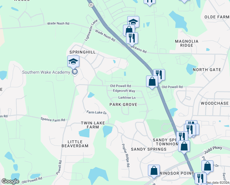 map of restaurants, bars, coffee shops, grocery stores, and more near 335 Edgecroft Way in Fuquay Varina