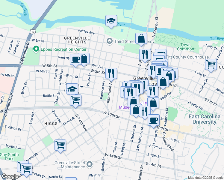 map of restaurants, bars, coffee shops, grocery stores, and more near 622 Albermarle Avenue in Greenville