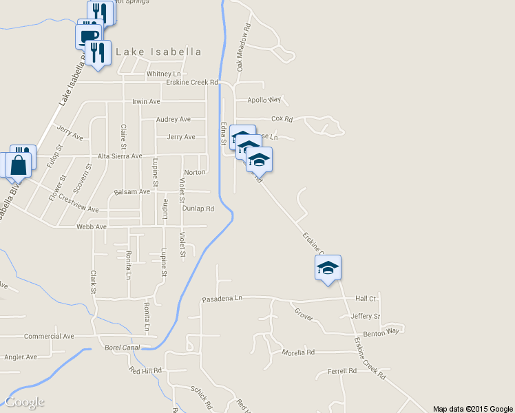 map of restaurants, bars, coffee shops, grocery stores, and more near 3340 Erskine Creek Road in Lake Isabella