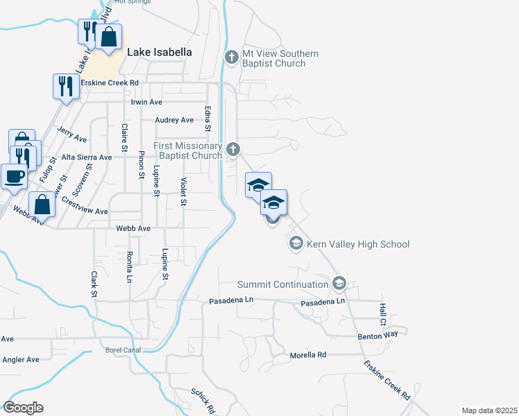 map of restaurants, bars, coffee shops, grocery stores, and more near 3340 Erskine Creek Road in Lake Isabella