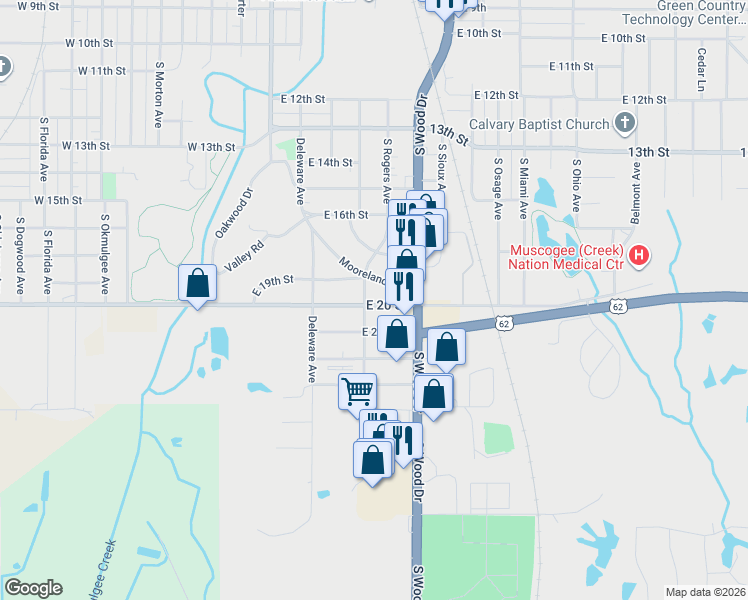 map of restaurants, bars, coffee shops, grocery stores, and more near 701 East 20 Street in Okmulgee