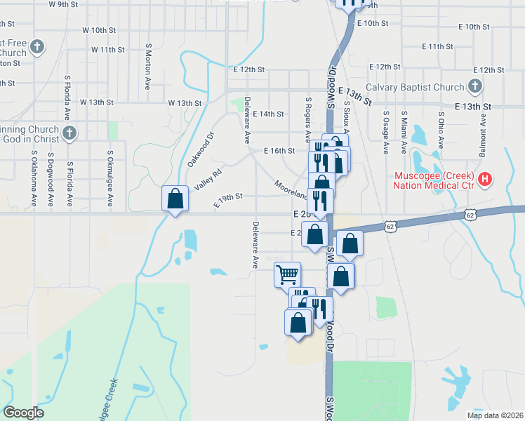map of restaurants, bars, coffee shops, grocery stores, and more near 502 East 20 Street in Okmulgee