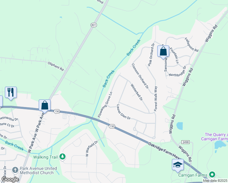 map of restaurants, bars, coffee shops, grocery stores, and more near 168 Flowering Grove Lane in Mooresville