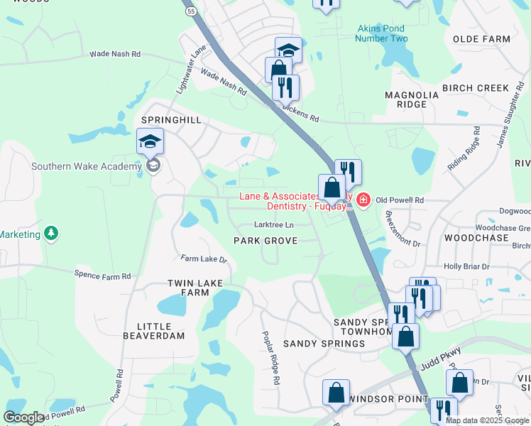 map of restaurants, bars, coffee shops, grocery stores, and more near 309 Edgecroft Way in Fuquay-Varina