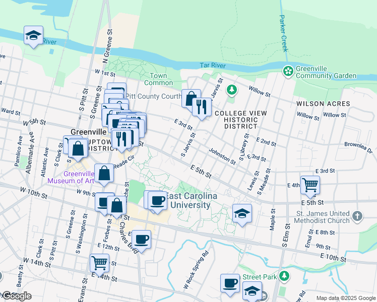 map of restaurants, bars, coffee shops, grocery stores, and more near 409 South Jarvis Street in Greenville