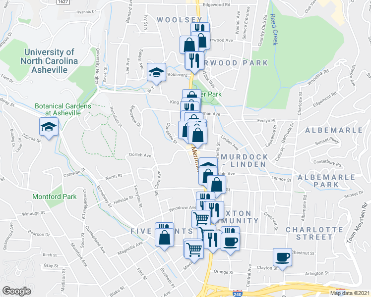 map of restaurants, bars, coffee shops, grocery stores, and more near 7 Conestee Street in Asheville