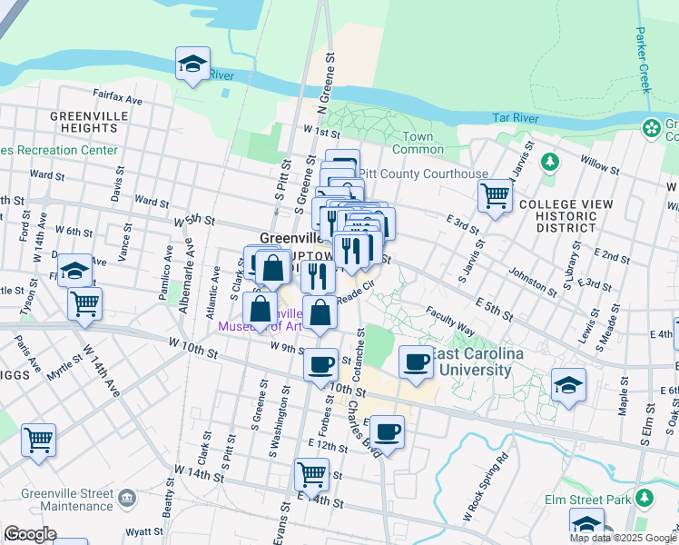 map of restaurants, bars, coffee shops, grocery stores, and more near 525 Evans Street in Greenville