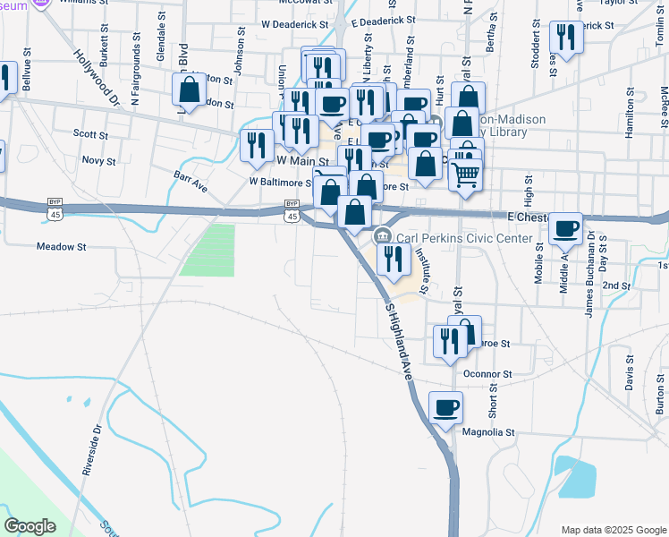 map of restaurants, bars, coffee shops, grocery stores, and more near 450 South Highland Avenue in Jackson