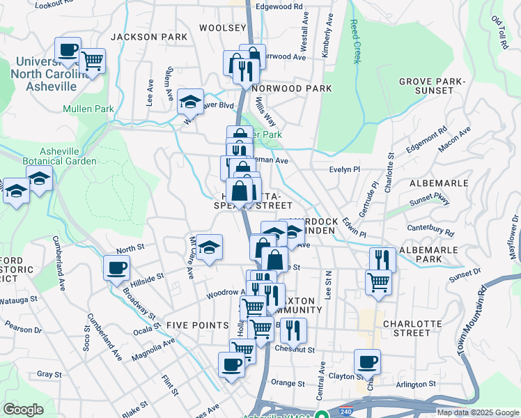 map of restaurants, bars, coffee shops, grocery stores, and more near 1 Austin Avenue in Asheville