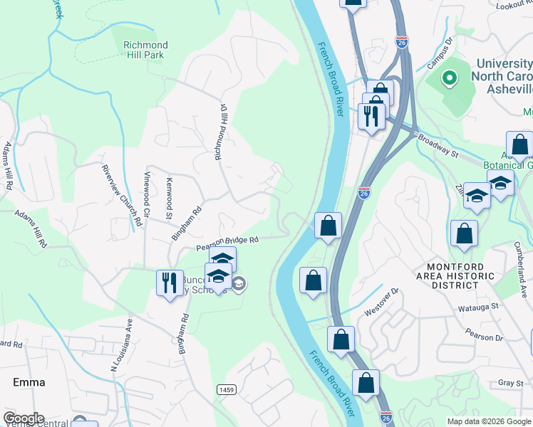 map of restaurants, bars, coffee shops, grocery stores, and more near 12 Conscious Way in Asheville
