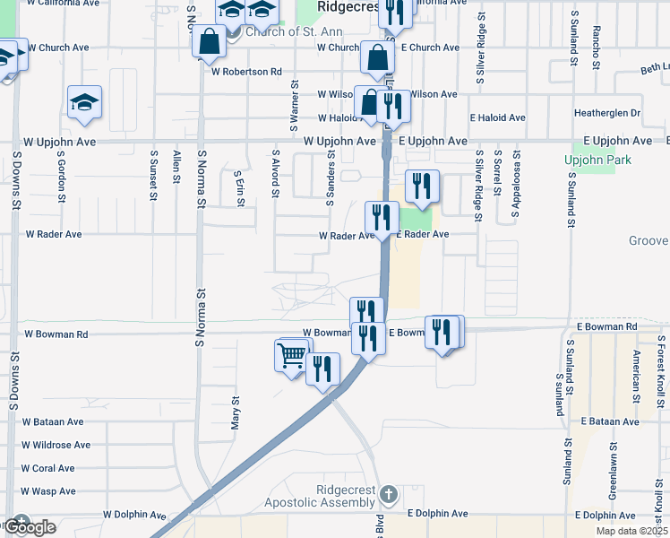 map of restaurants, bars, coffee shops, grocery stores, and more near 200 West Mariposa Avenue in Ridgecrest