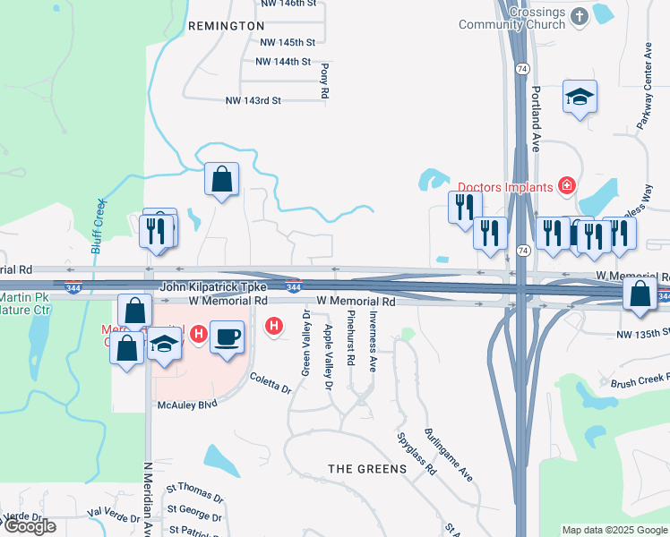 map of restaurants, bars, coffee shops, grocery stores, and more near 3805 West Memorial Road in Oklahoma City