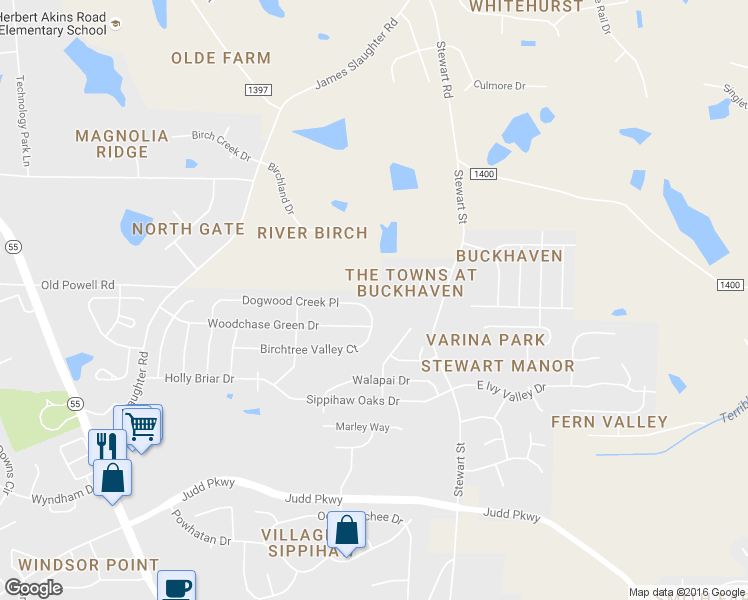 map of restaurants, bars, coffee shops, grocery stores, and more near 545 Dogwood Creek Place in Fuquay-Varina