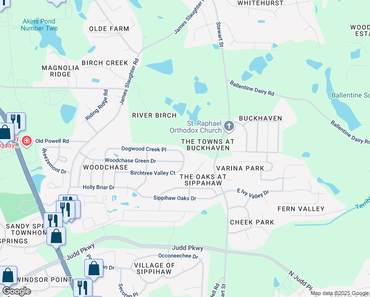 map of restaurants, bars, coffee shops, grocery stores, and more near 545 Dogwood Creek Place in Fuquay-Varina