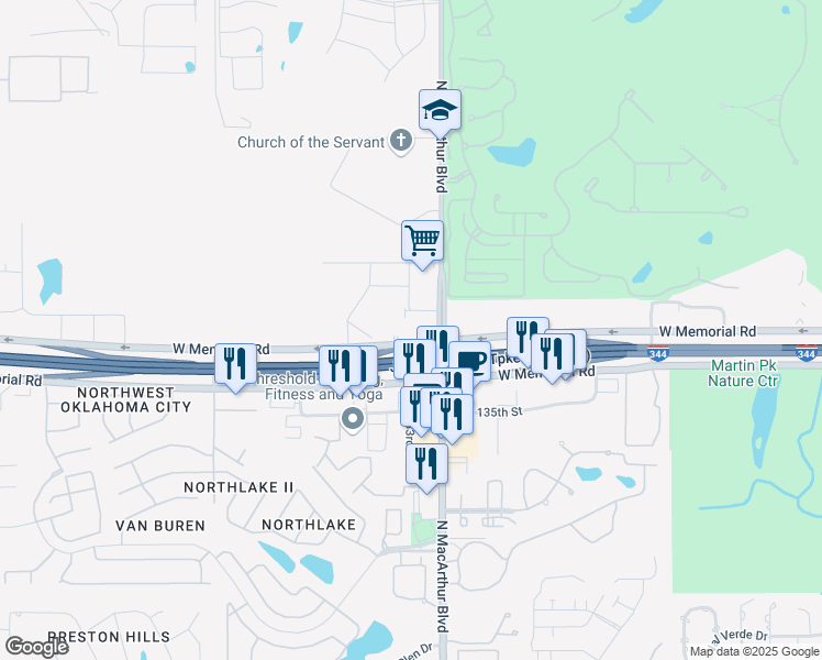 map of restaurants, bars, coffee shops, grocery stores, and more near 5901 West Memorial Road in Oklahoma City