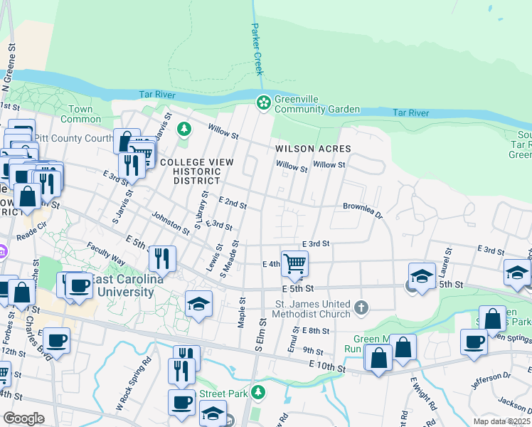 map of restaurants, bars, coffee shops, grocery stores, and more near 203 South Elm Street in Greenville