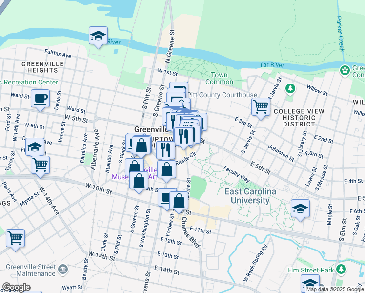 map of restaurants, bars, coffee shops, grocery stores, and more near 525 Evans Street in Greenville