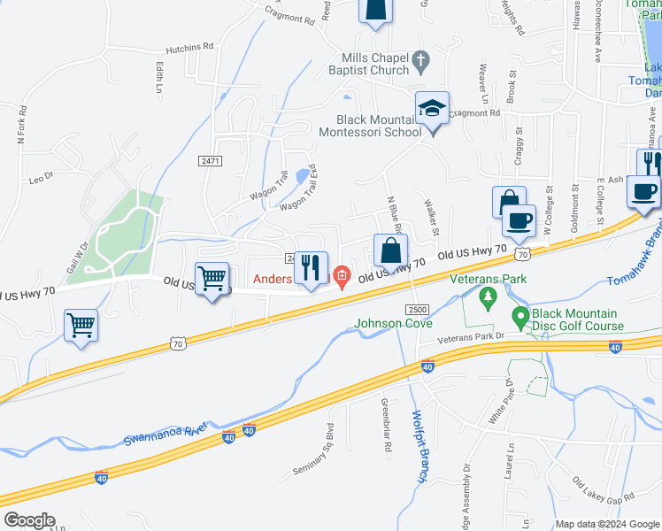 map of restaurants, bars, coffee shops, grocery stores, and more near 1084 Old US Highway 70 in Black Mountain