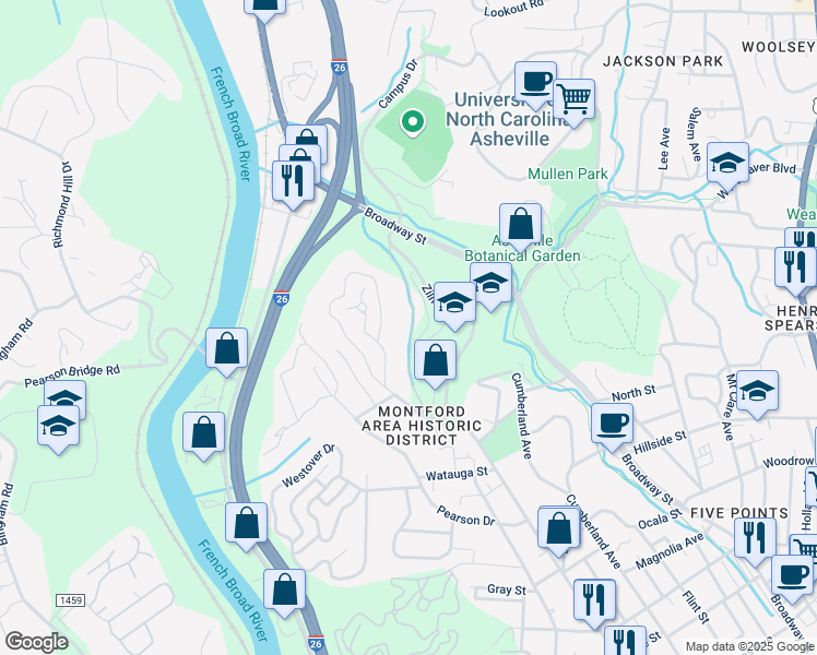 map of restaurants, bars, coffee shops, grocery stores, and more near 1100 Bulldog Drive in Asheville