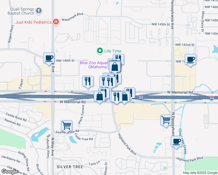 map of restaurants, bars, coffee shops, grocery stores, and more near 2501 West Memorial Road in Oklahoma City
