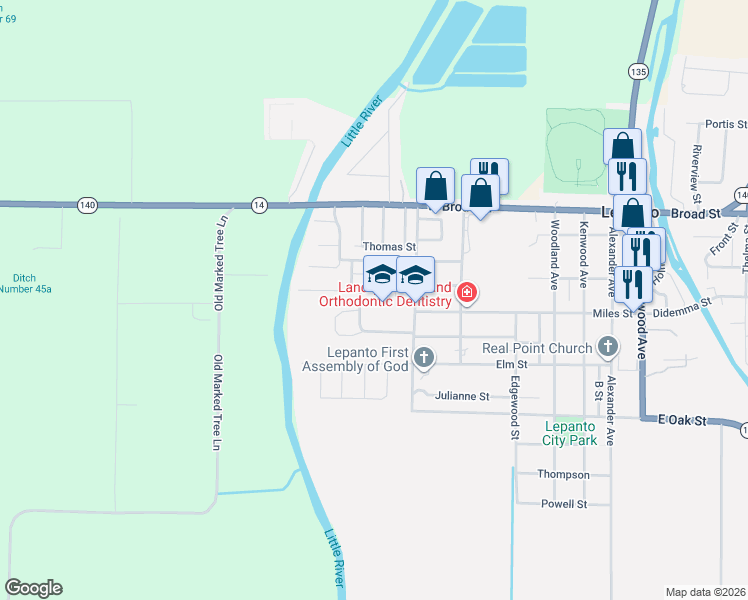 map of restaurants, bars, coffee shops, grocery stores, and more near 701 North School Drive in Lepanto