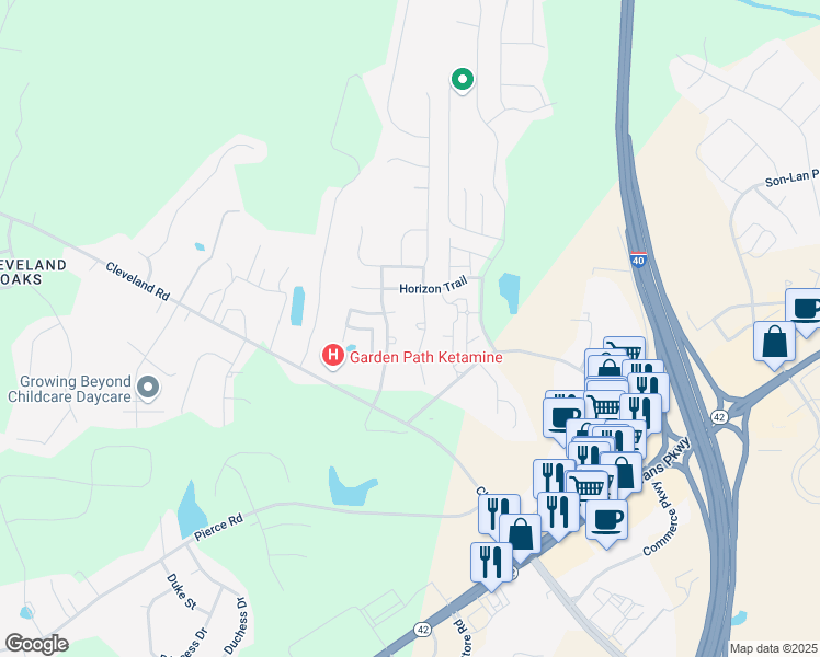 map of restaurants, bars, coffee shops, grocery stores, and more near 43 Glenn Creek Court in Garner