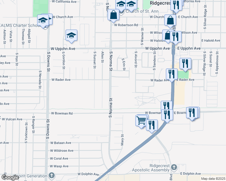 map of restaurants, bars, coffee shops, grocery stores, and more near 425 Rick Court in Ridgecrest