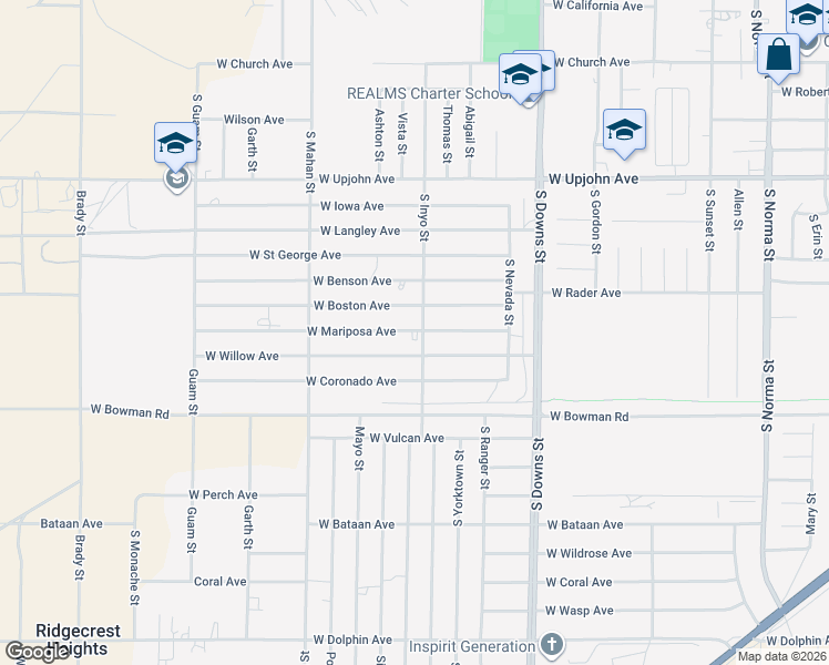 map of restaurants, bars, coffee shops, grocery stores, and more near 1112 West Willow Avenue in Ridgecrest
