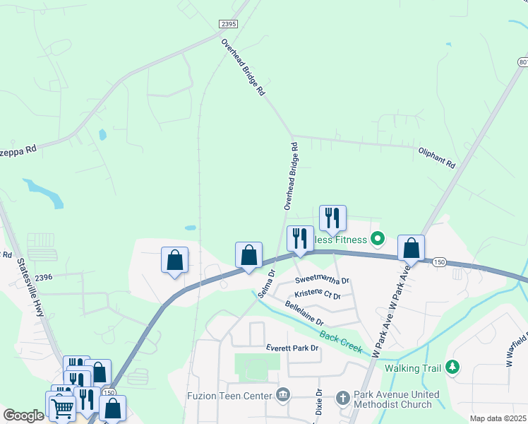 map of restaurants, bars, coffee shops, grocery stores, and more near 276 Overhead Bridge Road in Mooresville