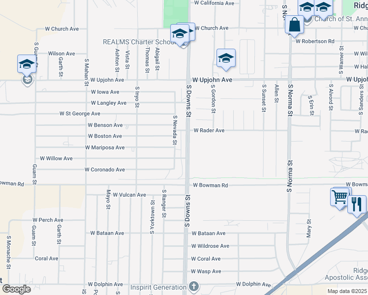 map of restaurants, bars, coffee shops, grocery stores, and more near 729 South Downs Street in Ridgecrest