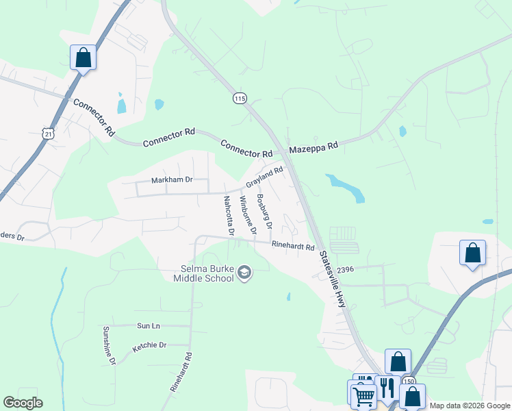 map of restaurants, bars, coffee shops, grocery stores, and more near 123 Bosburg Drive in Mooresville