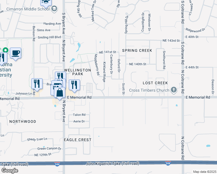 map of restaurants, bars, coffee shops, grocery stores, and more near Windy Hill Road in Edmond