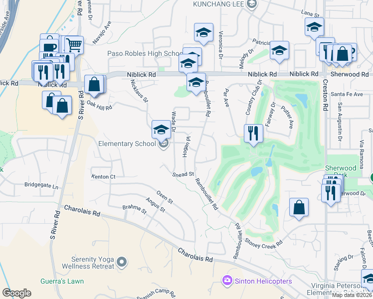 map of restaurants, bars, coffee shops, grocery stores, and more near 834 Nicklaus Street in Paso Robles