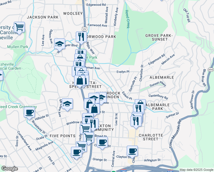 map of restaurants, bars, coffee shops, grocery stores, and more near 57 Linden Avenue in Asheville