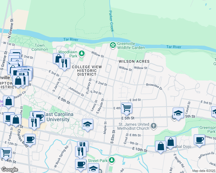 map of restaurants, bars, coffee shops, grocery stores, and more near 210 South Meade Street in Greenville