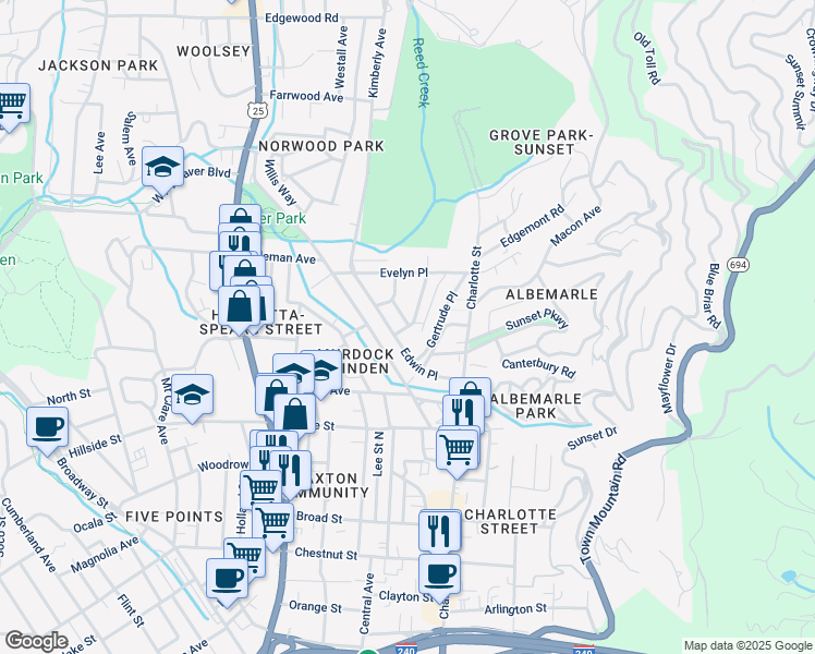 map of restaurants, bars, coffee shops, grocery stores, and more near 19 Lawrence Place in Asheville