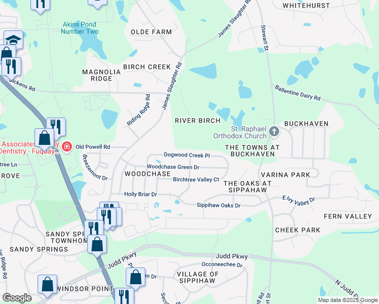 map of restaurants, bars, coffee shops, grocery stores, and more near 439 Dogwood Creek Place in Fuquay Varina
