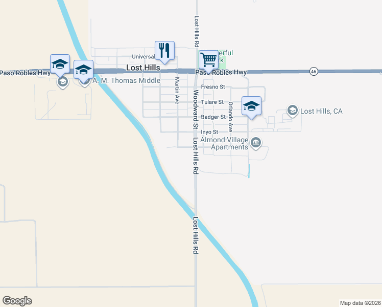 map of restaurants, bars, coffee shops, grocery stores, and more near 21189 King Street in Lost Hills