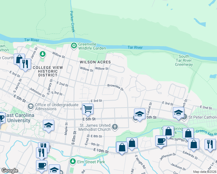 map of restaurants, bars, coffee shops, grocery stores, and more near in Greenville