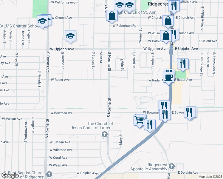 map of restaurants, bars, coffee shops, grocery stores, and more near 425 Rick Court in Ridgecrest