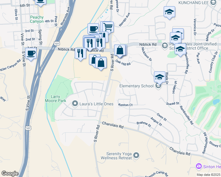 map of restaurants, bars, coffee shops, grocery stores, and more near 1429 North River Road in Paso Robles