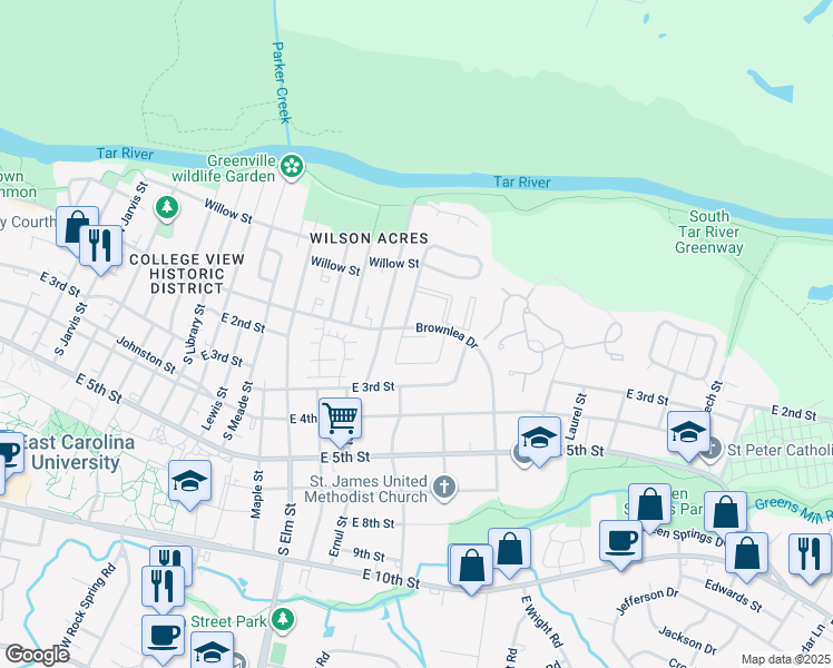 map of restaurants, bars, coffee shops, grocery stores, and more near in Greenville