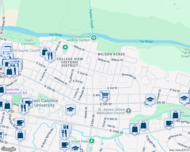 map of restaurants, bars, coffee shops, grocery stores, and more near 203 South Elm Street in Greenville