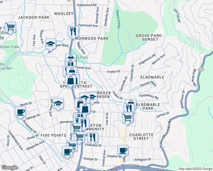map of restaurants, bars, coffee shops, grocery stores, and more near 102 Murdock Avenue in Asheville